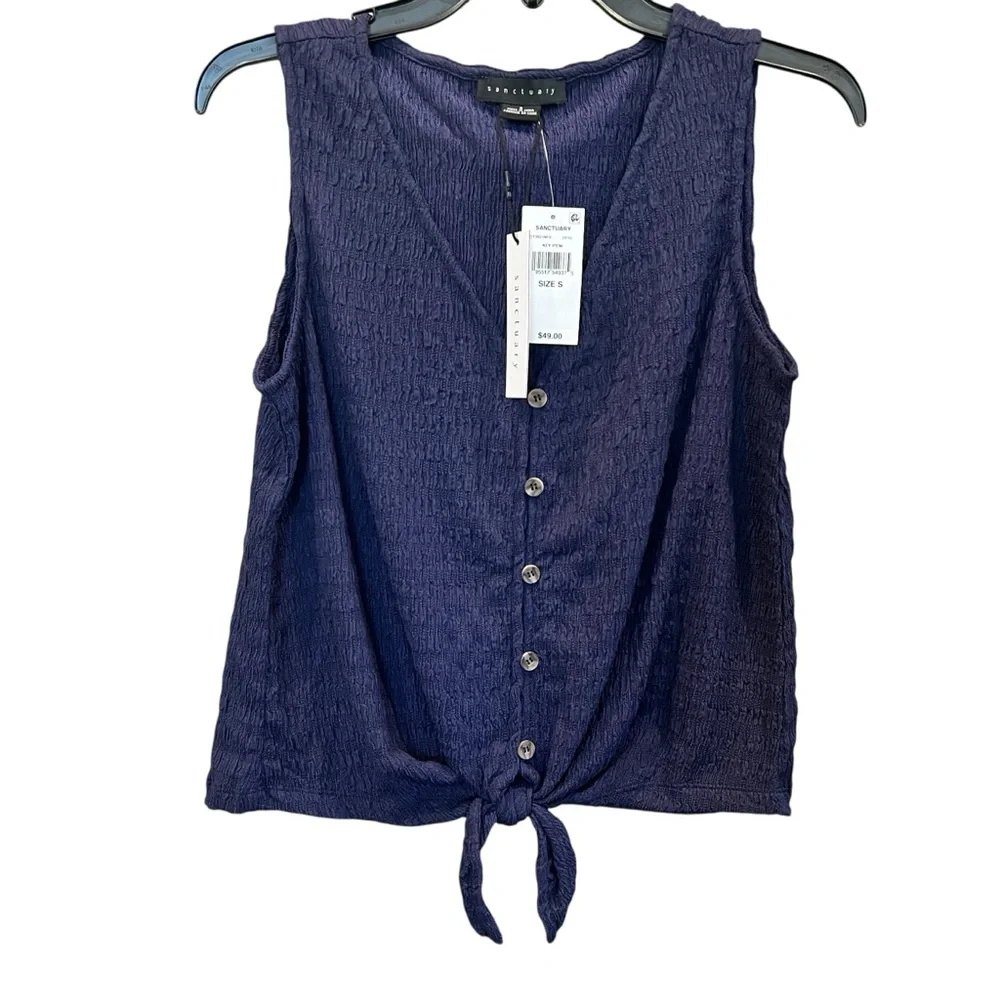 Sanctuary Link Up Button Front Tank Top Textured Tie Hem V Neck Blue S NWT - Picture 3 of 11